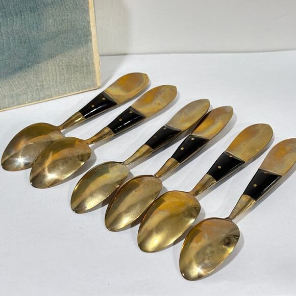 Thailand brass & teak spoons set cocktail espresso tea demitasse boxed set of 6 - Picture 8 of 9